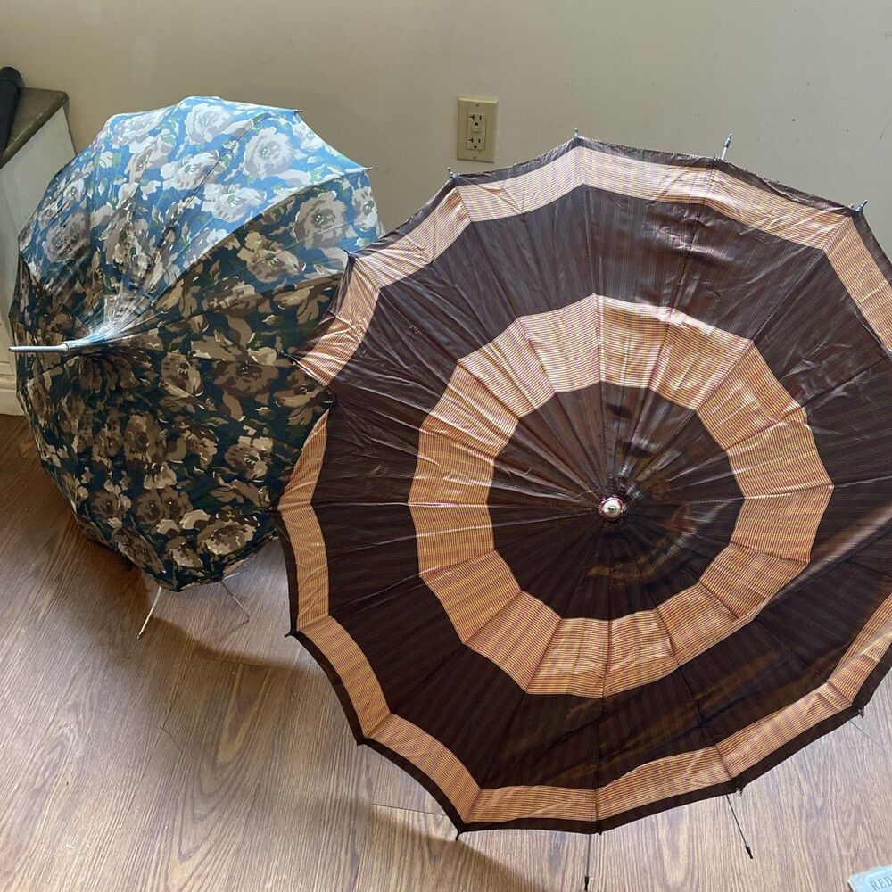 2 Vintage Umbrella parasols Lucite handles Brown plaid and green and Tan Floral
